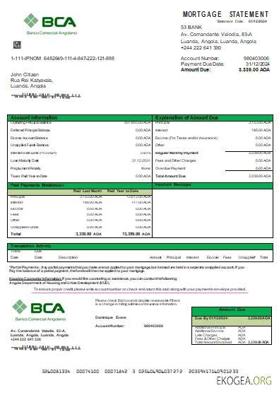 Angola Banco Comercial Angolano relevé hypothécaire de la banque scr